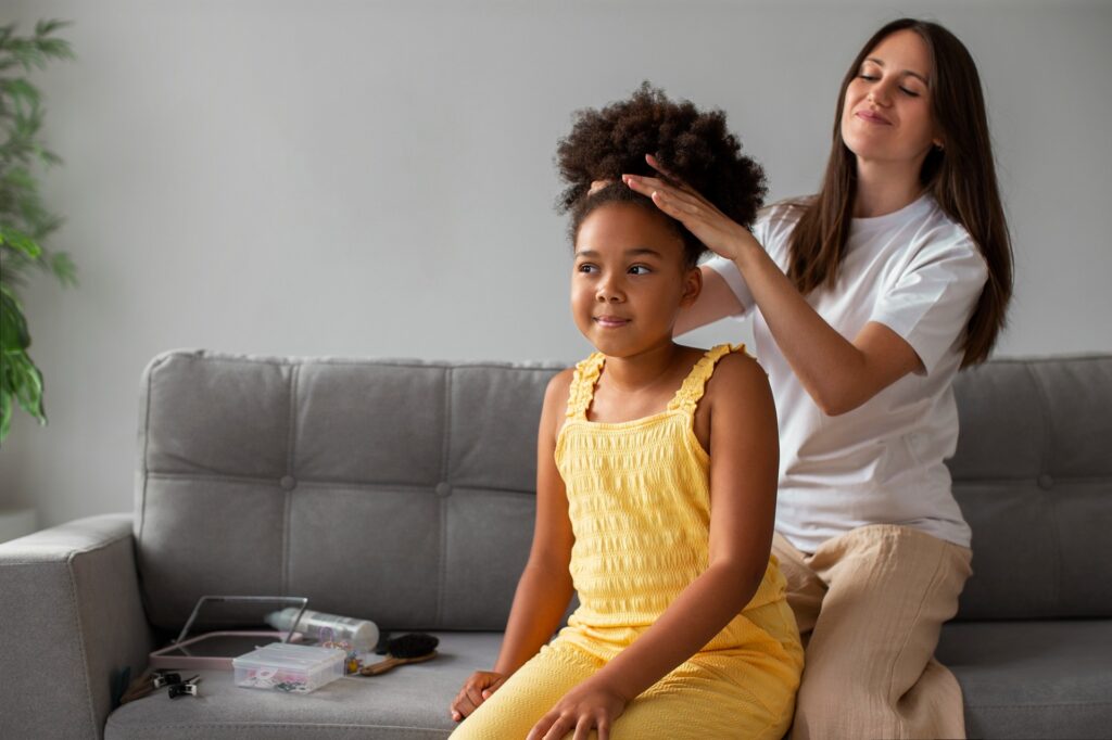 A young child with a primary caregiver, showing a secure attachment style